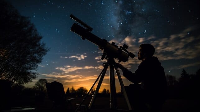 A person looking through a telescope at night sky. An example of astronomy as a fun hobby when bored