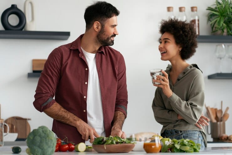 Fun and easy Valentine's Day dinner at home idea with a couple cooking together.